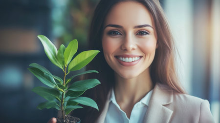 A cheerful young woman holds a small potted plant indoors, showcasing her love for nature and personal growth. Her warm smile reflects professionalism and happiness.の素材