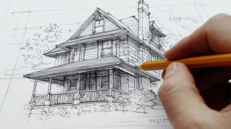 A detailed hand sketching of a house design concept, showcasing an architectural illustration in progress. The image highlights creativity and design.の素材