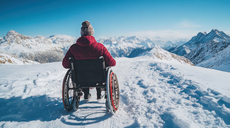 A person in a wheelchair sits on a snowy path, overlooking stunning mountain scenery under a clear sky. This image captures the beauty of nature and the spirit of adventure.の素材