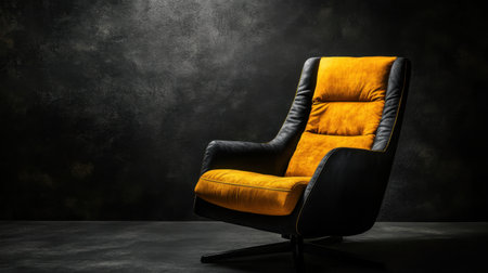 A striking single lounge chair featuring vibrant yellow upholstery against a dark, textured background. Ideal for modern interior design, this piece adds warmth and elegance to any space.の素材