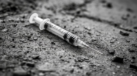 A used syringe lies on a gritty surface, highlighting issues related to drug use and public health. The black and white contrast emphasizes the serious nature of the situation.の素材