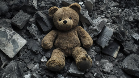 A lonely teddy bear rests on a pile of ashes and debris, evoking feelings of abandonment and nostalgia. This poignant image speaks to lost childhood and forgotten memories.の素材