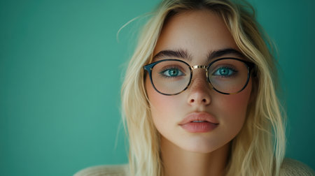 A captivating portrait of a young woman wearing glasses with light hair against a soothing turquoise background, radiating confidence and beauty.の素材
