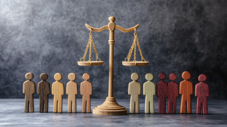 This image features wooden figurines standing beside a balance scale, symbolizing justice and equality. The contrasting colors represent diversity in society and the importance of fairness in decision-making processes.の素材