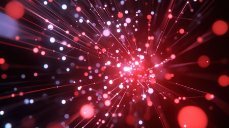 Captivating abstract image showcasing dynamic colorful light particles in motion. The vibrant red and blue hues create a mesmerizing visual effect, perfect for technology and design themes.の素材