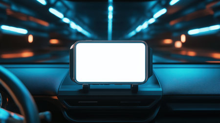 A modern smartphone is placed in a car dashboard mount, illuminated by vibrant neon lights. The screen is blank, inviting creative use for navigation or apps.の素材