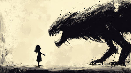 A striking illustration features a small girl standing in awe before a large, fearsome monster. This vivid artwork captures themes of fear, bravery, and the surreal nature of childhood imagination.の素材
