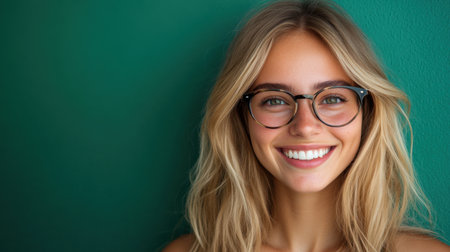A young woman with glasses smiles brightly while standing against a vibrant green background. Her joyful expression radiates happiness and warmth, showcasing a carefree attitude.の素材
