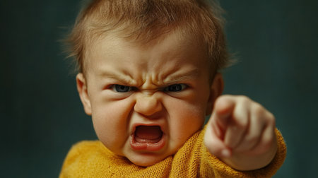 This striking image captures an angry baby pointing a finger at the viewer, showcasing intense emotion and focus. The fierce expression creates a dramatic and relatable moment.の素材