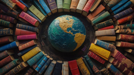 A vibrant arrangement of colorful books encircles a globe, symbolizing the quest for knowledge and global understanding. Ideal for educational themes.の素材