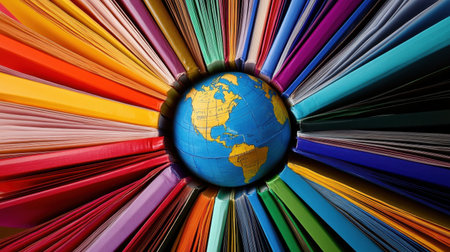 A vibrant globe is surrounded by colorful sheets of paper, illustrating the diversity of culture and knowledge. This graphic represents creativity and global connection.の素材