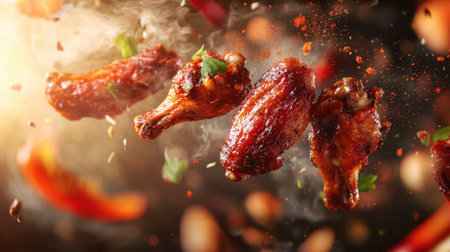 Captivating image of crispy chicken wings surrounded by spices and herbs, showcasing a dynamic cooking scene. Perfect for culinary marketing or food blogs.の素材