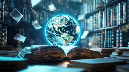 An enchanting scene of an open book with a glowing globe, surrounded by floating pages in a serene library, symbolizing knowledge and exploration.の素材