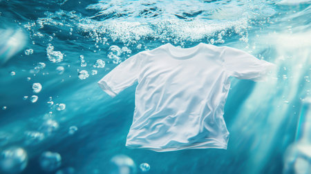 A white T-shirt floats gracefully in a serene underwater setting, surrounded by bubbles and illuminated by sunlight, evoking a sense of calm and tranquility.の素材