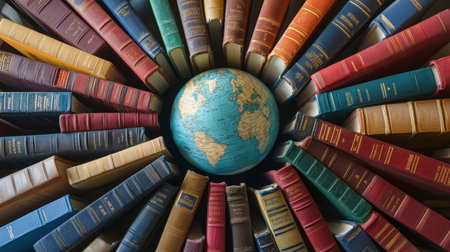 This captivating image features an array of antique books encircling a vintage globe, symbolizing knowledge and exploration in education and culture.の素材