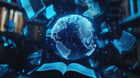 A captivating scene featuring a glowing Earth surrounded by floating books, symbolizing the connection between knowledge and the digital future in education.の素材