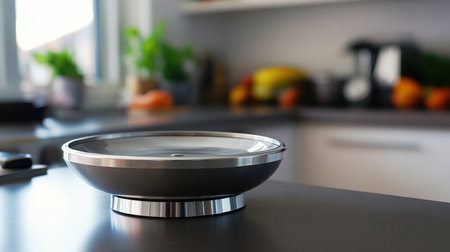 A sleek modern kitchen scale placed on a stylish countertop, surrounded by fresh fruits and vegetables, perfect for any culinary setting.の素材