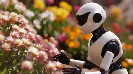 A humanoid robot interacts gently with blooming flowers in a vibrant garden, showcasing the harmony between technology and nature in a delightful scene.の素材