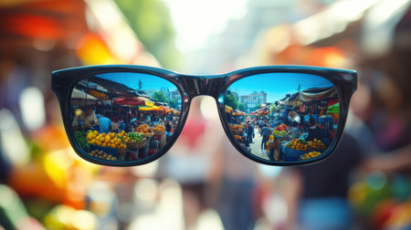 A pair of sunglasses lays prominently in the foreground, reflecting a bustling outdoor market filled with vibrant fruits and cheerful shoppers.の素材