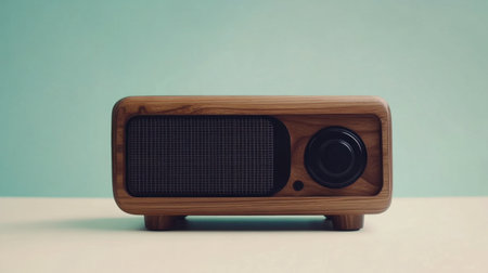 A beautiful vintage wooden radio sits gracefully against a pastel background, showcasing retro design and charm, perfect for enhancing any decor.の素材