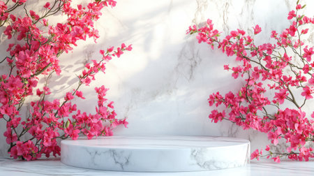 A serene display featuring vibrant pink bougainvillea blossoms against a sleek marble background, perfect for artistic photography and elegant decor.の素材