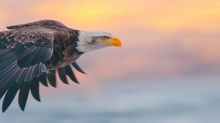 A stunning image of a majestic eagle soaring gracefully through a colorful sunset sky, showcasing its powerful wings and keen gaze. Captivating wildlife.の素材