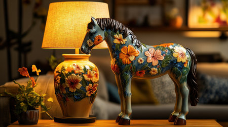 A charming decorative horse figurine stands beside a floral lamp, creating a cozy home ambiance. Ideal for enhancing interior design with vibrant art.の素材