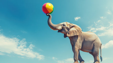 A charming elephant joyfully balances a colorful beach ball against a clear blue sky, showcasing playful interaction in a vibrant and sunny environment.の素材
