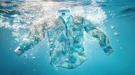 A vibrant shirt floats gracefully beneath the water surface, surrounded by shimmering bubbles and light reflections, creating a serene and artistic underwater scene.の素材