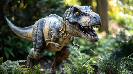 Discover a lifelike dinosaur model showcasing stunning details in a vibrant green environment, perfect for educational purposes or as a captivating attraction.の素材