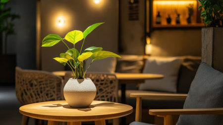 A serene indoor scene featuring a vibrant plant in a decorative pot resting on a stylish wooden table, showcasing a cozy cafe atmosphere.の素材