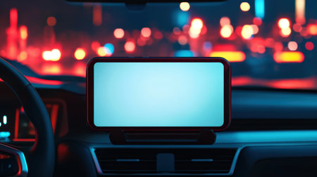A smartphone is mounted in a car, featuring an empty screen amidst vibrant city lights at night. The blurred backdrop emphasizes urban life and technology.の素材