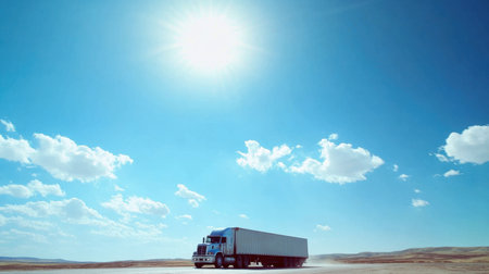 A lone truck traverses a vast desert landscape under a bright blue sky. The image captures the essence of transportation and adventure in an open environment.の素材