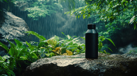 A sleek black water bottle stands proudly on a rock, surrounded by lush greenery and a gentle rain. This image captures tranquility and the essence of nature.の素材