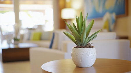 A serene indoor scene featuring a vibrant agave plant in an elegant pot, placed on a wooden table. This cozy living room exudes warmth and modern charm.の素材