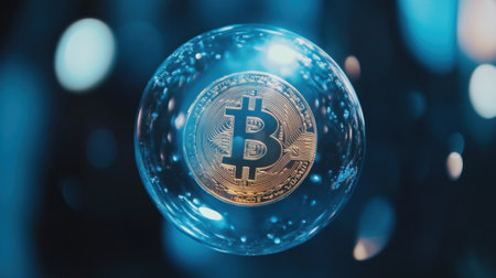 Explore the captivating representation of Bitcoin, symbolized by a glowing coin within a bubble. Ideal for finance and technology themes.の素材