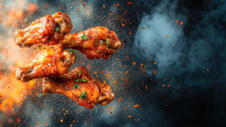 Experience the thrill of juicy chicken wings coated in spicy sauce, surrounded by dynamic smoke and bursting flavors, perfect for food enthusiasts and chefs alike.の素材