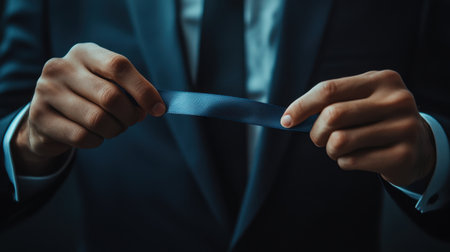 A sophisticated man in a suit delicately holds a blue ribbon, symbolizing achievement and elegance. The close-up shot highlights his focused expression and the texture of the ribbon.の素材