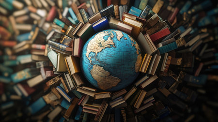 A captivating image of a globe at the center, encompassed by a beautiful arrangement of books. This visual symbolizes the power of knowledge and education across the world.の素材