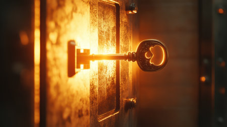 A vintage key inserted into a textured metal lock radiates a warm glow. This captivating image symbolizes access and security, evoking feelings of mystery and intrigue.の素材