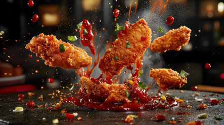 A dynamic shot of crispy chicken tenders splashing in a tangy sauce, garnished with vibrant herbs and spices. Perfect for food enthusiasts and culinary creators!の素材