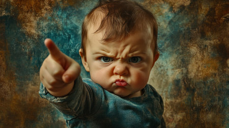 A captivating portrait of an angry baby pointing with intensity. The furrowed brow and pout convey strong emotions, perfect for conveying childhood angst or humor.の素材
