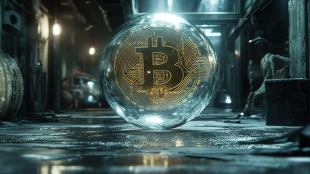 A captivating scene featuring a glowing Bitcoin symbol encased in a transparent sphere, set in a shadowy alley. The unique lighting and detailed textures enhance its futuristic appeal.の素材