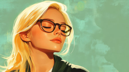A serene blonde woman with glasses enjoys a moment of tranquility. Her peaceful expression radiates warmth and confidence against a soft backdrop.の素材