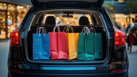 A vibrant selection of colorful shopping bags rests in the trunk of a modern car parked at an outdoor mall, illustrating a fun day of retail therapy and consumer enjoyment.の素材