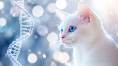 A captivating image of a white cat with striking blue eyes beside a DNA strand. The abstract bokeh background creates a serene atmosphere, highlighting the beauty of this adorable feline.の素材
