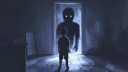 In a haunting scene, a child stands alone facing a dark silhouette with glowing eyes, capturing themes of fear and childhood imagination in a dimly lit room.の素材