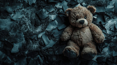 A lonely teddy bear rests on a dark, charred surface, evoking feelings of nostalgia and loss. The dim lighting enhances its soft texture and emotional depth.の素材