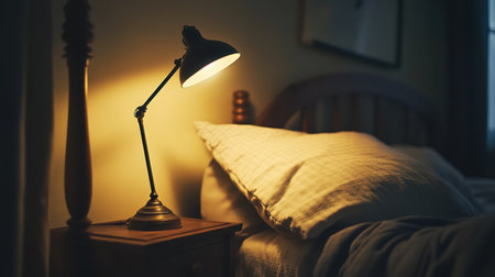 A serene bedroom setting featuring a softly lit lamp beside a plush pillow, creating a warm and inviting atmosphere ideal for relaxation and comfort.の素材