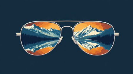 This artistic illustration showcases sunglasses reflecting a stunning mountain landscape at sunset. It captures the essence of adventure and nature beauty.の素材